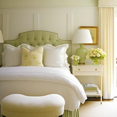 Soft green beige white bedroom